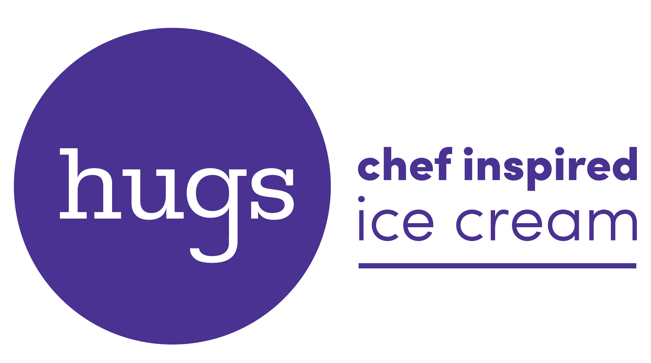 Hugs Ice Cream logo featuring the word "hugs" in a stylish font and the phrase "chef inspired ice cream," representing the brand's focus on unique flavors and catering services.