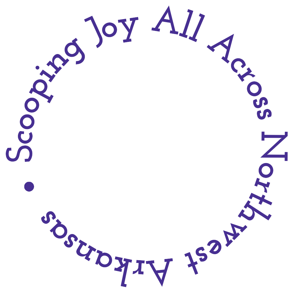 Scoop of joy and community spirit, Hugs Ice Cream logo featuring "Scooping Joy All Across Northwest Arkansas" in playful purple typography.
