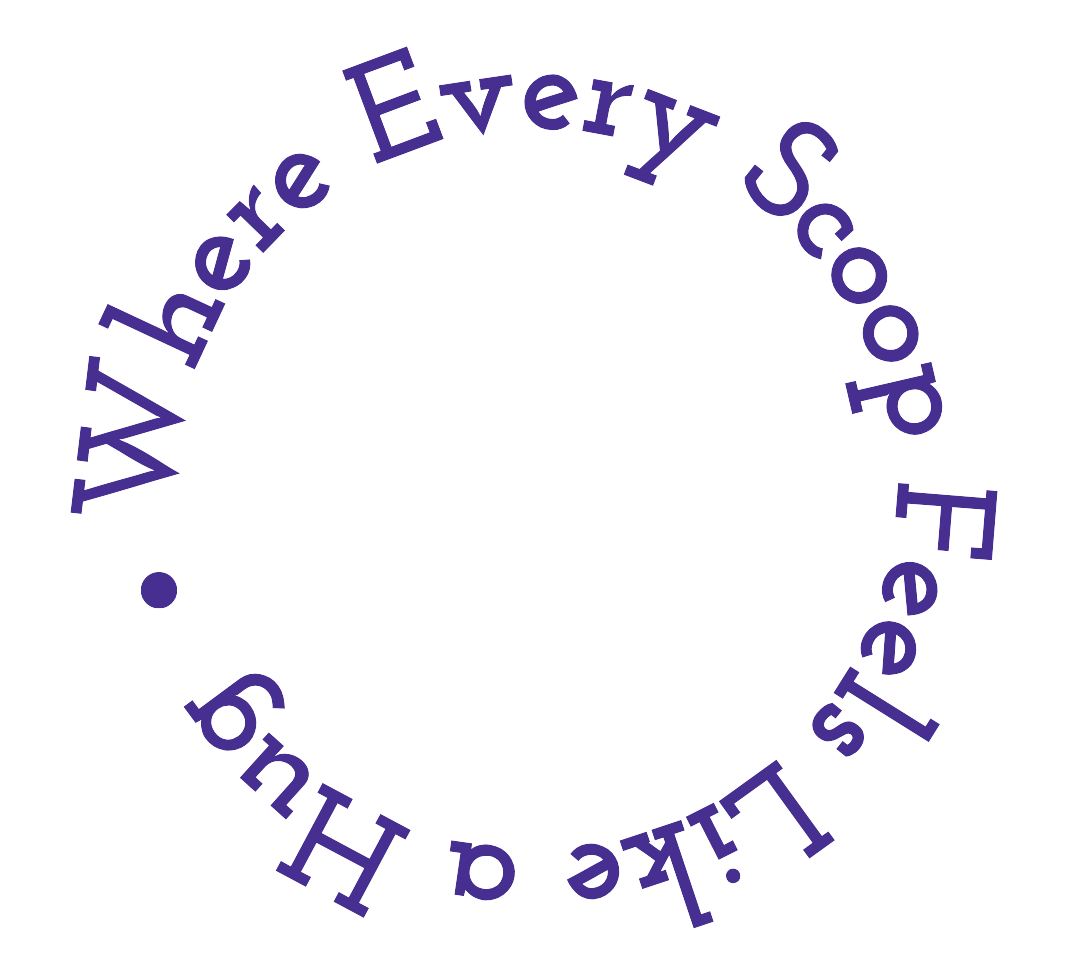 Hugs Ice Cream logo with the phrase "Where Every Scoop Feels Like a Hug," emphasizing handcrafted joy and community connection.
