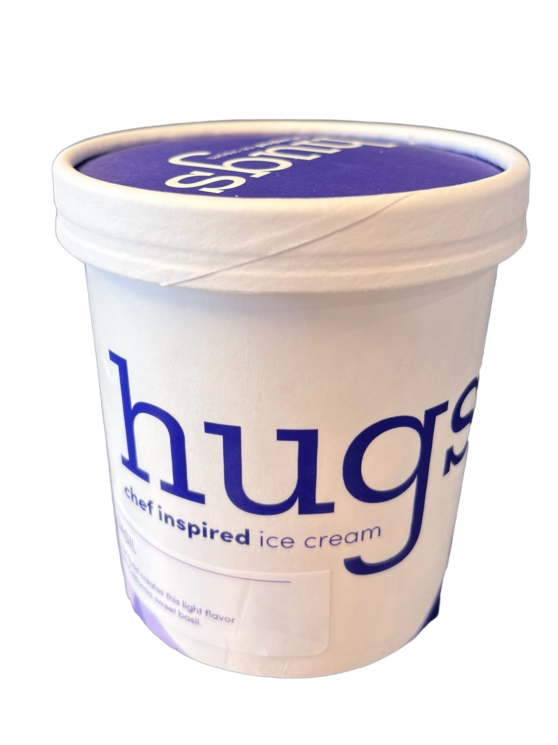 White disposable to-go cup with a purple lid, blue text wrapping around the side, photographed against a black background.