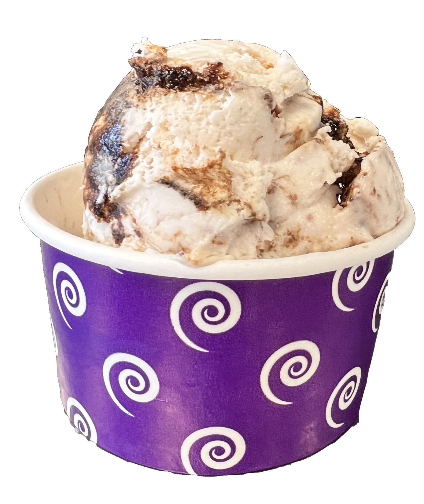 Scoop of vanilla ice cream with chocolate swirls in a purple cup with white spirals